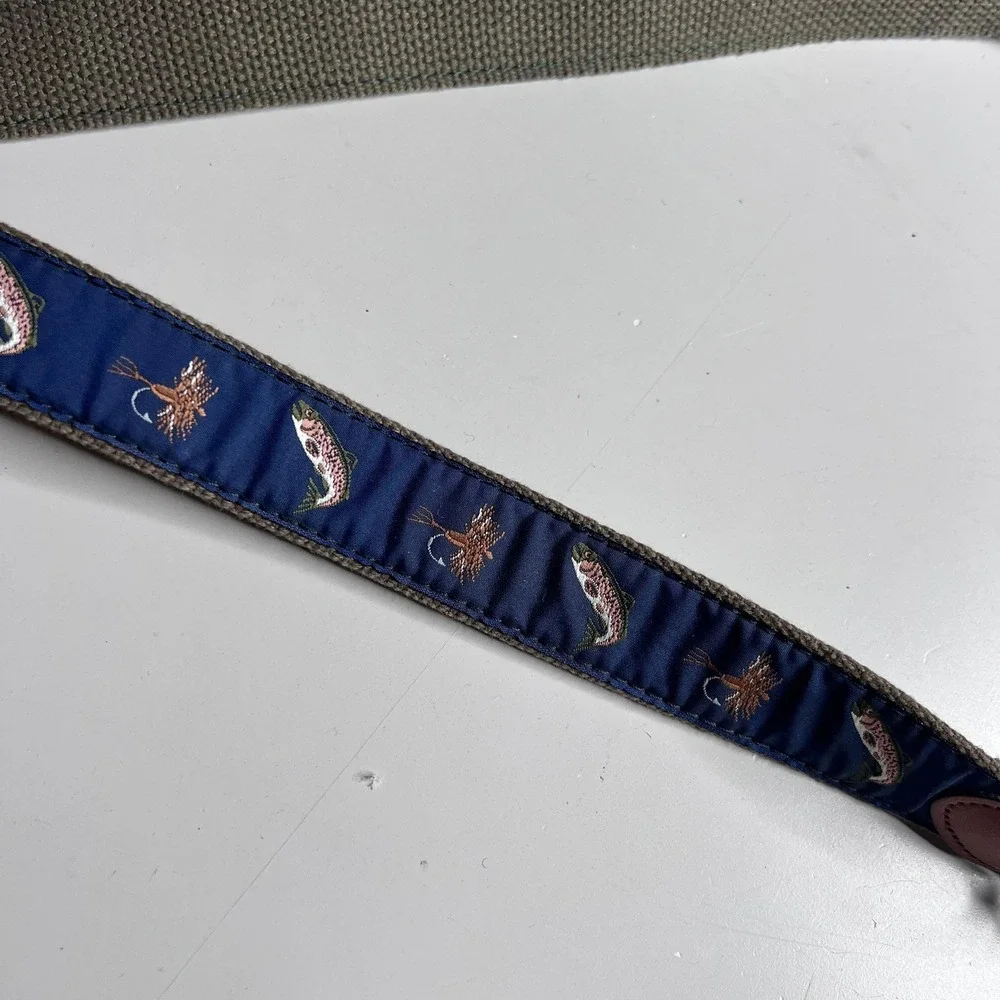 Leather Man Ltd Leather Belt Mens 34 Blue Fish Embroidered Webbed Brass Buckle